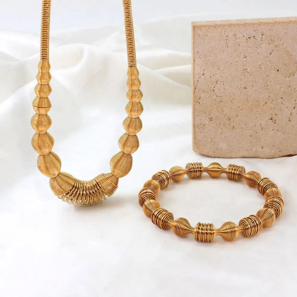 FANJIN Stylish Txetured Elastic Stainless Steel Jewelry Set Temperament Women's Gold Color Daily Wear Accessories Wholesale