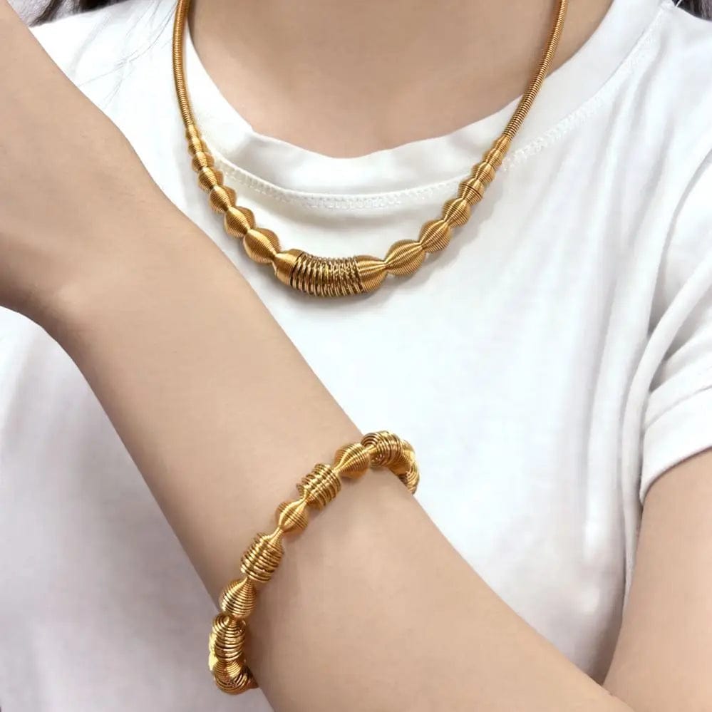 FANJIN Stylish Txetured Elastic Stainless Steel Jewelry Set Temperament Women's Gold Color Daily Wear Accessories Wholesale