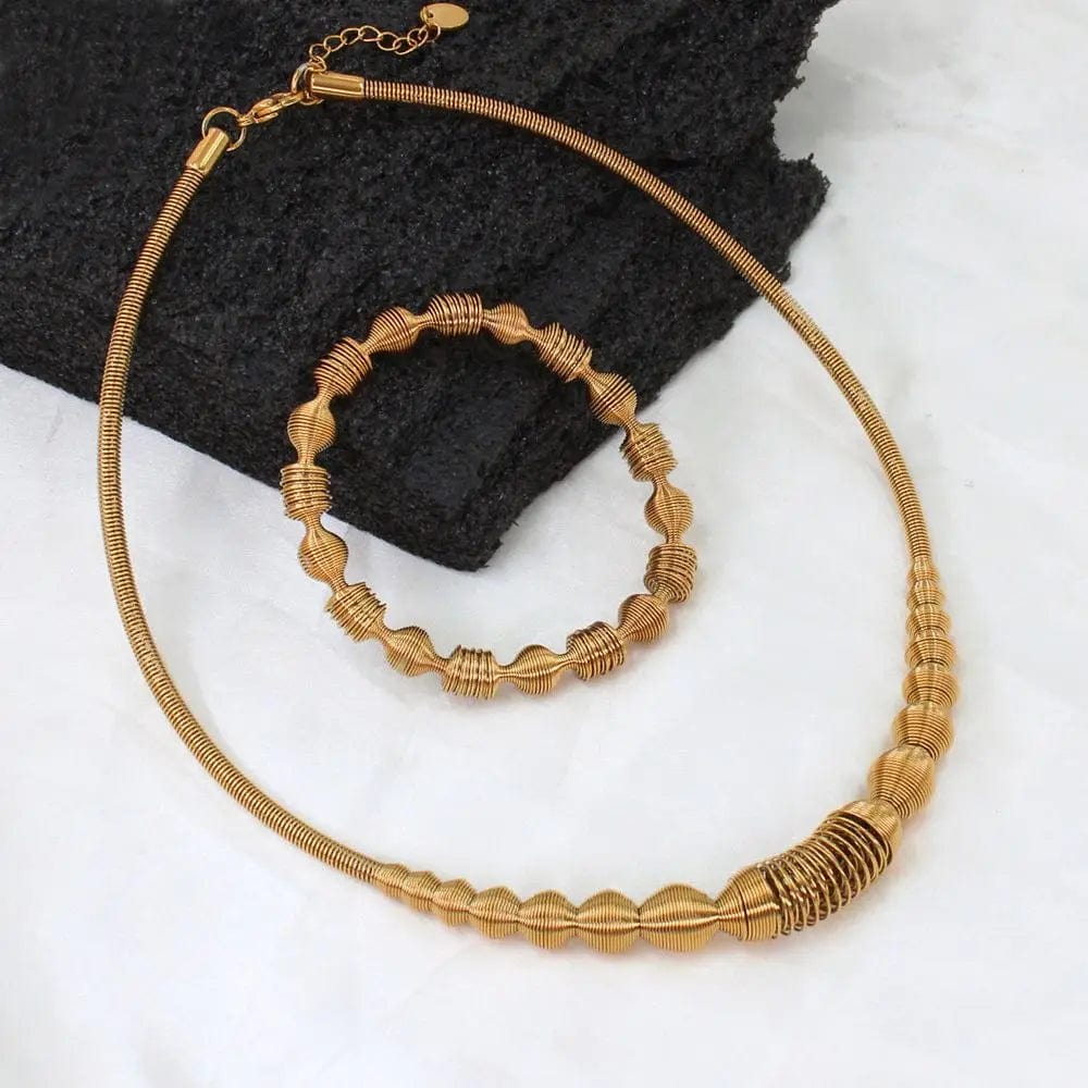 FANJIN Stylish Txetured Elastic Stainless Steel Jewelry Set Temperament Women's Gold Color Daily Wear Accessories Wholesale