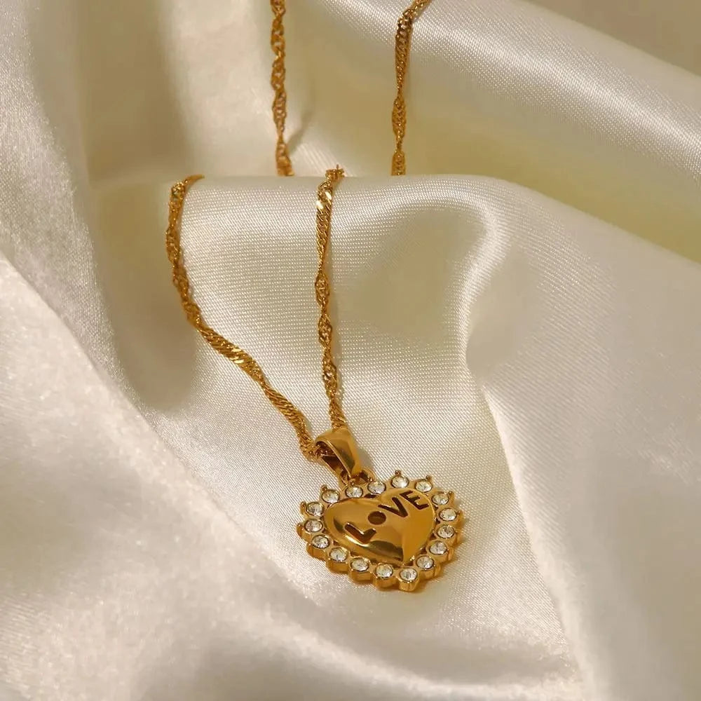 fashion / 18inches / N2359 N2359 New Trend Jewelry 18K Gold Plated Stainless Steel Cubic Zirconia Chunky Love Heart Pendant Necklace