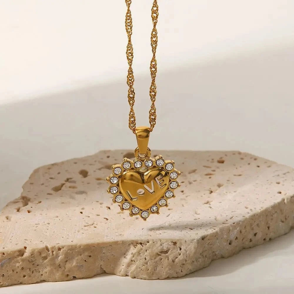 fashion / 18inches / N2359 N2359 New Trend Jewelry 18K Gold Plated Stainless Steel Cubic Zirconia Chunky Love Heart Pendant Necklace