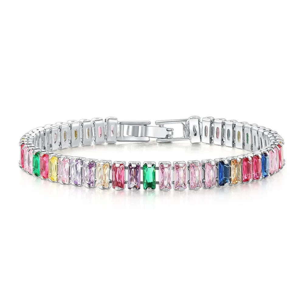 fashion / 19CM / A Fashion luxury gold-plated Boutique Rectangular Colored Cubic Zirconia Bracelet Rainbow Crystal Tennis Chain Bracelet for Women