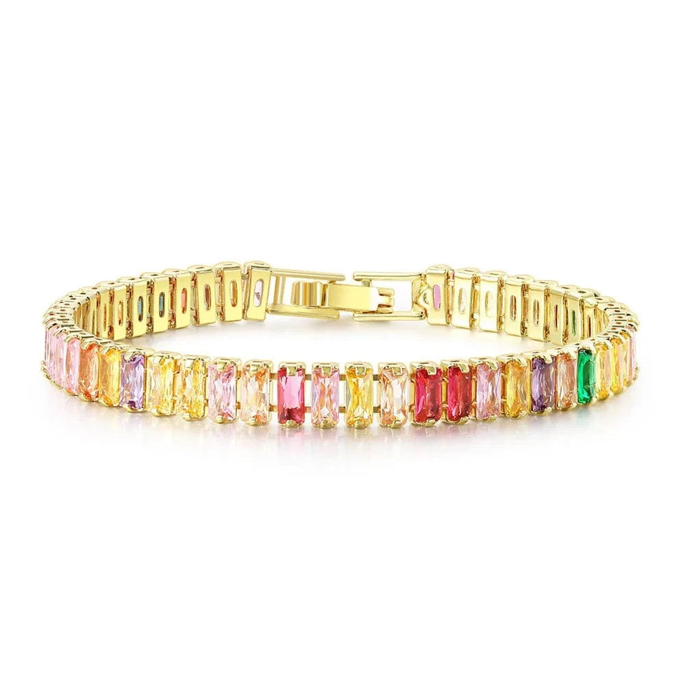 fashion / 19CM / D Fashion luxury gold-plated Boutique Rectangular Colored Cubic Zirconia Bracelet Rainbow Crystal Tennis Chain Bracelet for Women