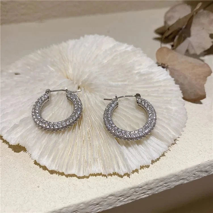 fashion / 2 Silver/Copper * Zircon Luxury shiny 18K Gold PVD Plated Micro inlay rhinestone Stainless Steel Party Boutique Hoop Earrings Waterproof Jewelry Women