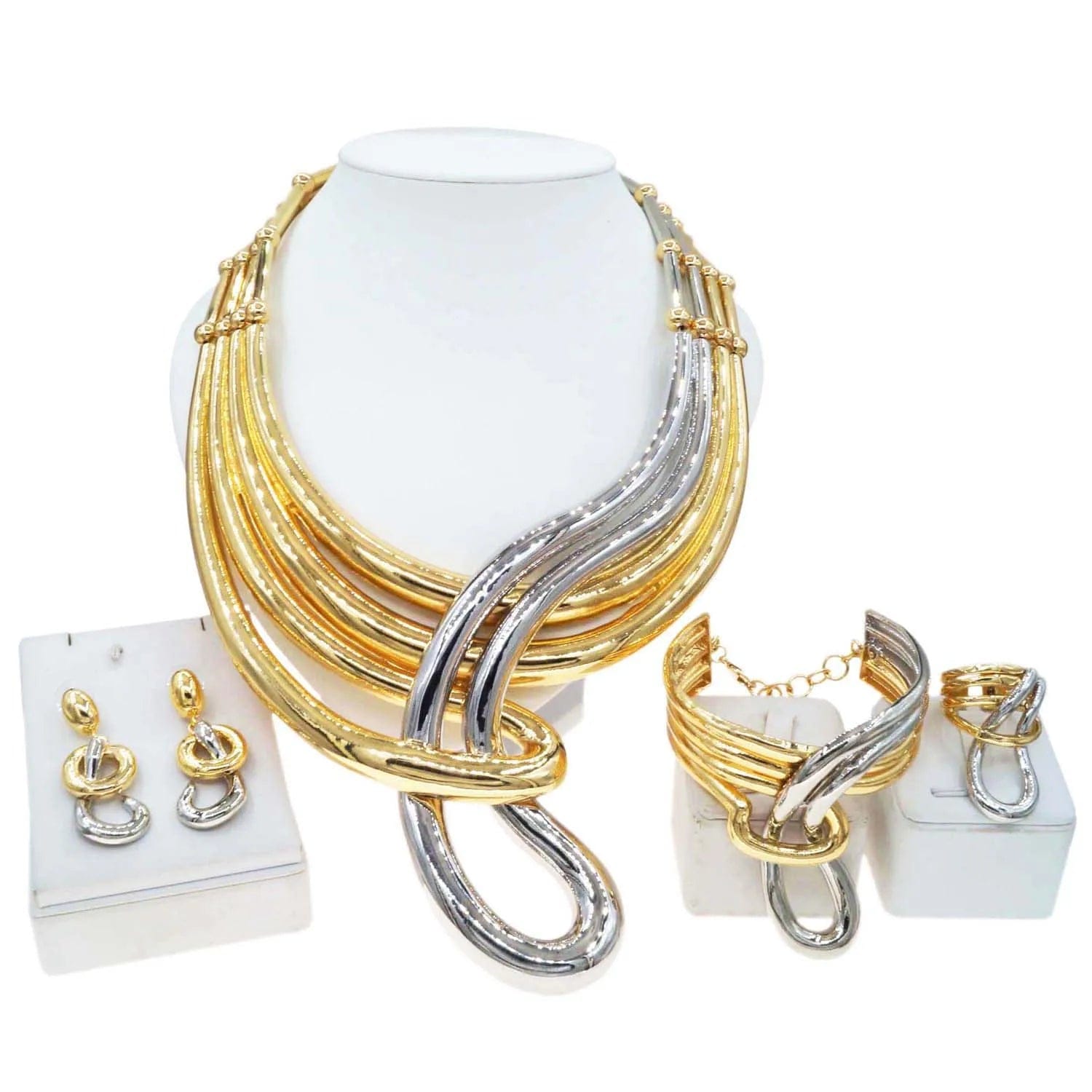 Fashion 24 k Gold Plated Bracelet Necklace Jewelry Set African Jewelry For Women 2 Tones Gold And Silver Jewelry Necklace Sets