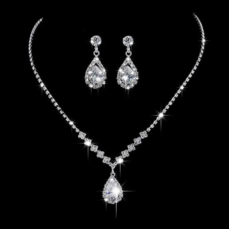 fashion / 7* Shiny Silver Crystal Necklace Boutique Earrings Set Fashion Water Drop Pendant Wedding Bridal Jewelry Sets For Women MOQ 1 PC