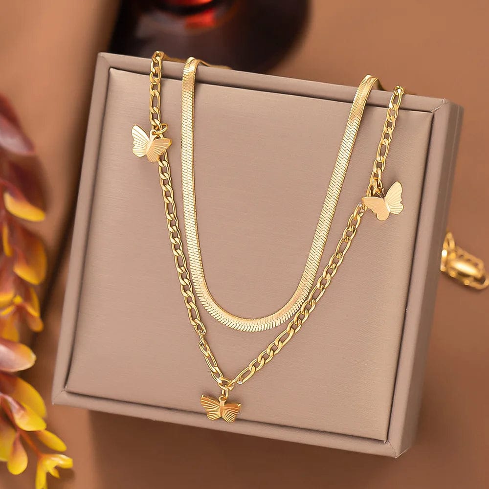 fashion / 8 NEW Vintage Gold Cuban Chain Multilayer Overlay Stainless Steel Necklace Butterfly Coin Pendant Pearl Tassel For Women Necklace