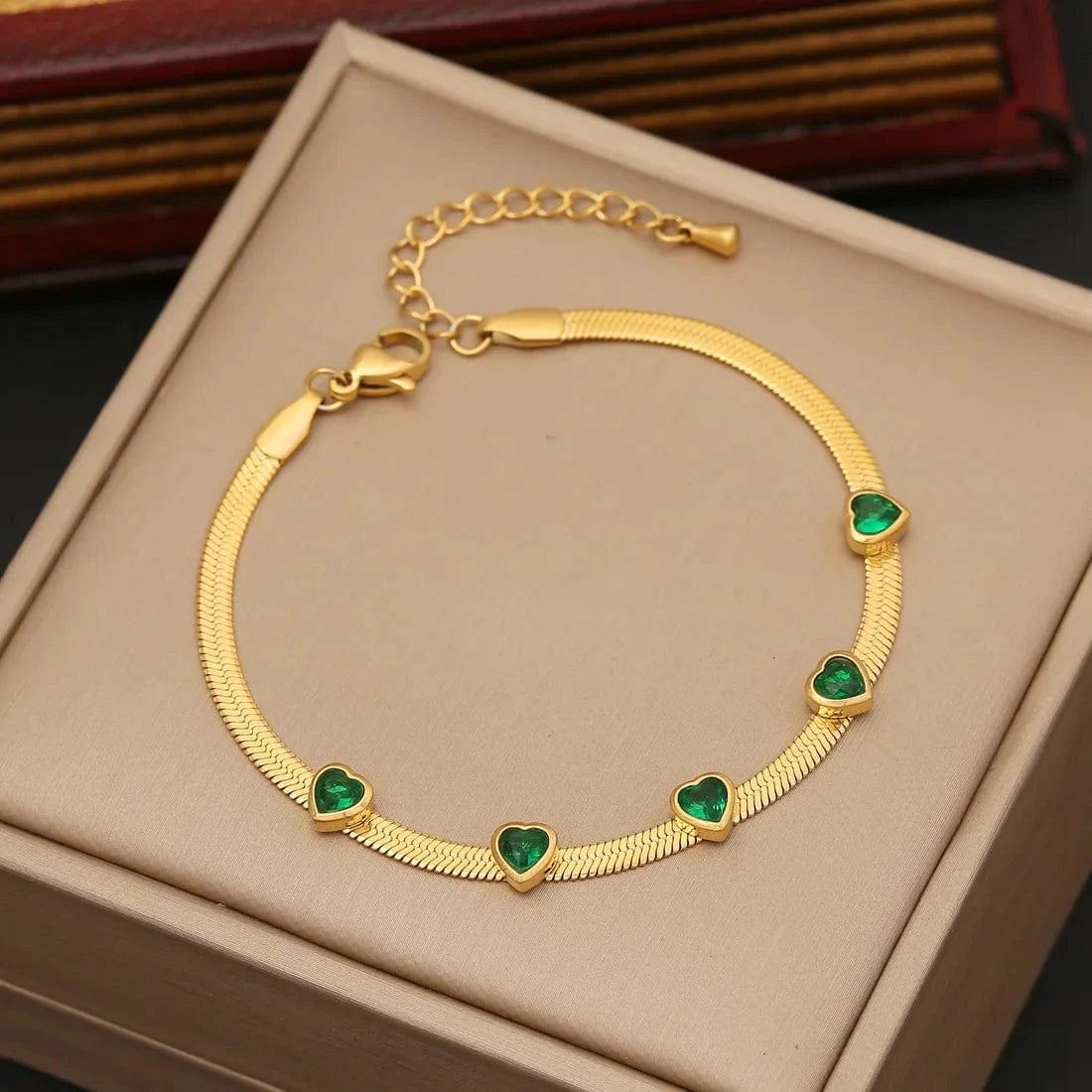 fashion / A Bracelet Wholesale Women Emerald Zircon Heart Four Leaf Clover Necklace Bracelet Earrings New 18k Gold Plated Stainless Steel Jewelry Set
