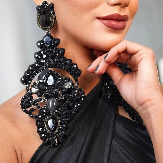 fashion / Black Black Crystal Exaggerated Earrings Accessories Rhinestone Big Earrings Women Luxury Elegant Jewelry