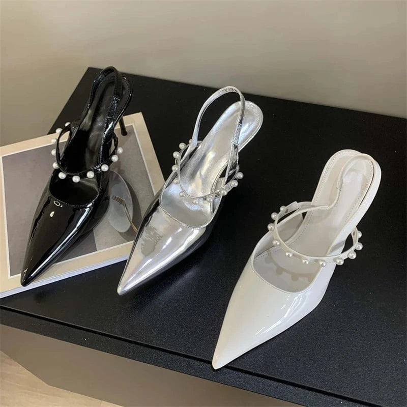 Fashion Black Mary Jane Elegant String Bead Concise Women Shallow Pointed Toe Hollow Slip-On Sandals Pumps NEW Summer Lady Shoes