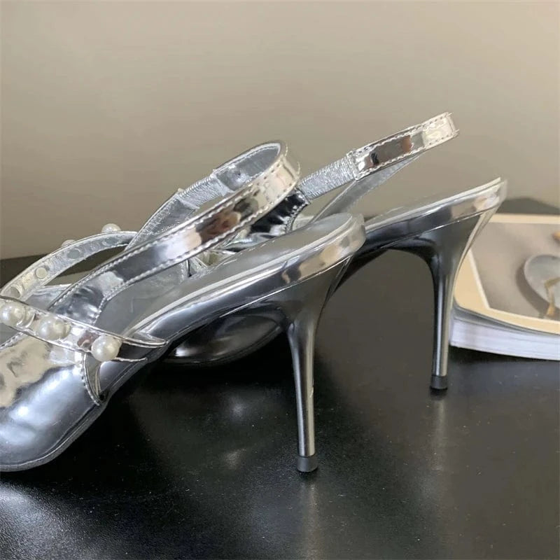 Fashion Black Mary Jane Elegant String Bead Concise Women Shallow Pointed Toe Hollow Slip-On Sandals Pumps NEW Summer Lady Shoes