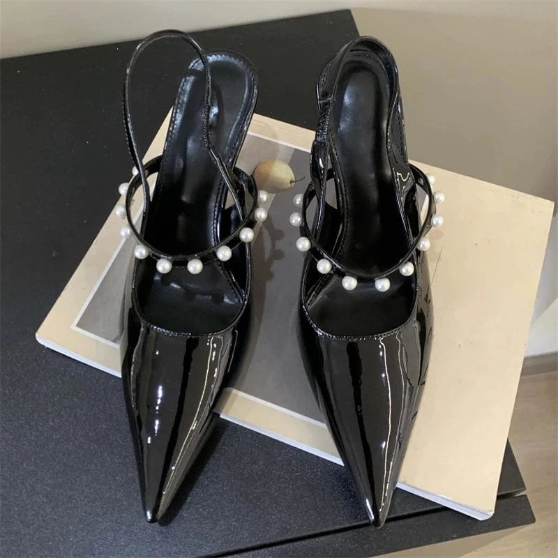Fashion Black Mary Jane Elegant String Bead Concise Women Shallow Pointed Toe Hollow Slip-On Sandals Pumps NEW Summer Lady Shoes