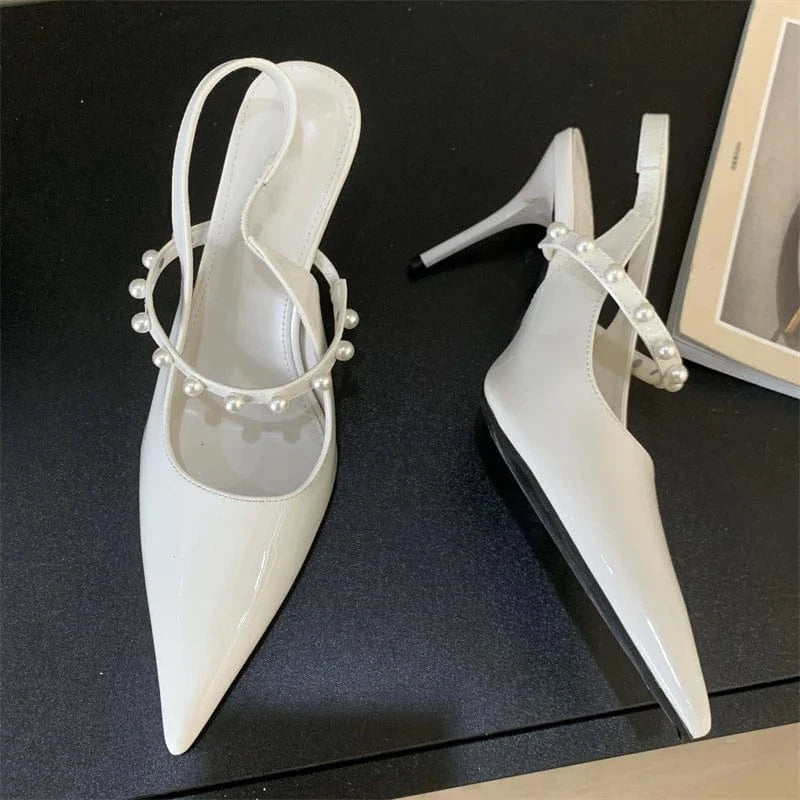 Fashion Black Mary Jane Elegant String Bead Concise Women Shallow Pointed Toe Hollow Slip-On Sandals Pumps NEW Summer Lady Shoes