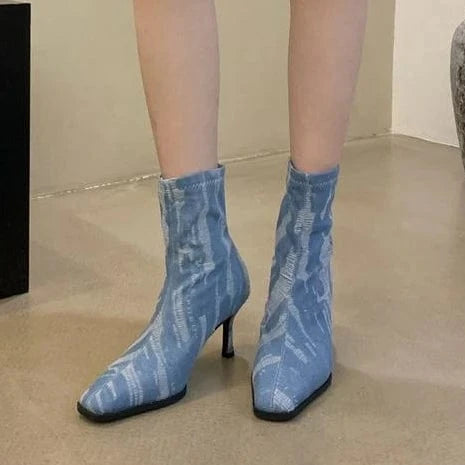 Fashion Bling Denim Flowers High Heels Boots Women 2023 Autumn Sexy Pointed Toe Ankle Boots Woman Zipper Thin Heeled Short Botas