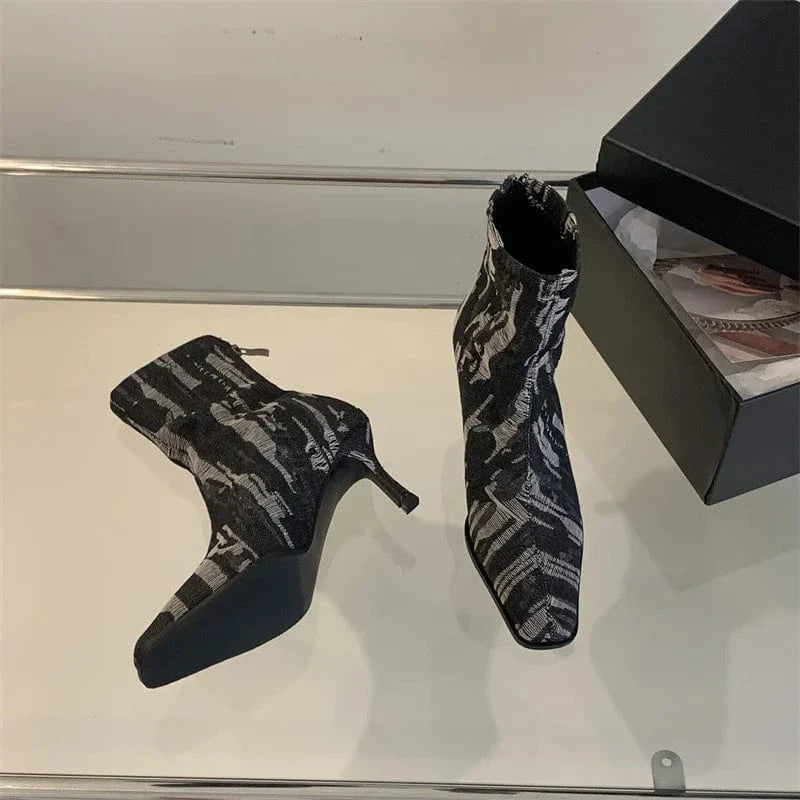 Fashion Bling Denim Flowers High Heels Boots Women 2023 Autumn Sexy Pointed Toe Ankle Boots Woman Zipper Thin Heeled Short Botas