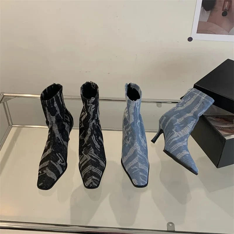 Fashion Bling Denim Flowers High Heels Boots Women 2023 Autumn Sexy Pointed Toe Ankle Boots Woman Zipper Thin Heeled Short Botas