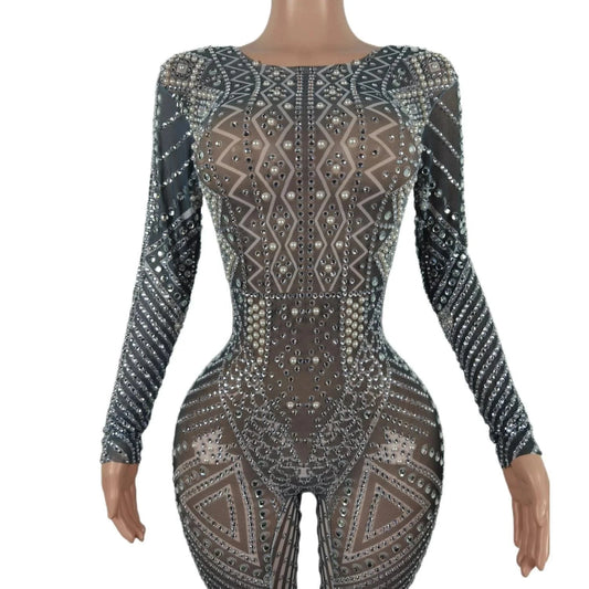 Fashion Bodycon Rompers Female Dancer Outfits Plus Size Sexy Party Rhinestone Bodysuits Women Stage Performance Jumpsuits
