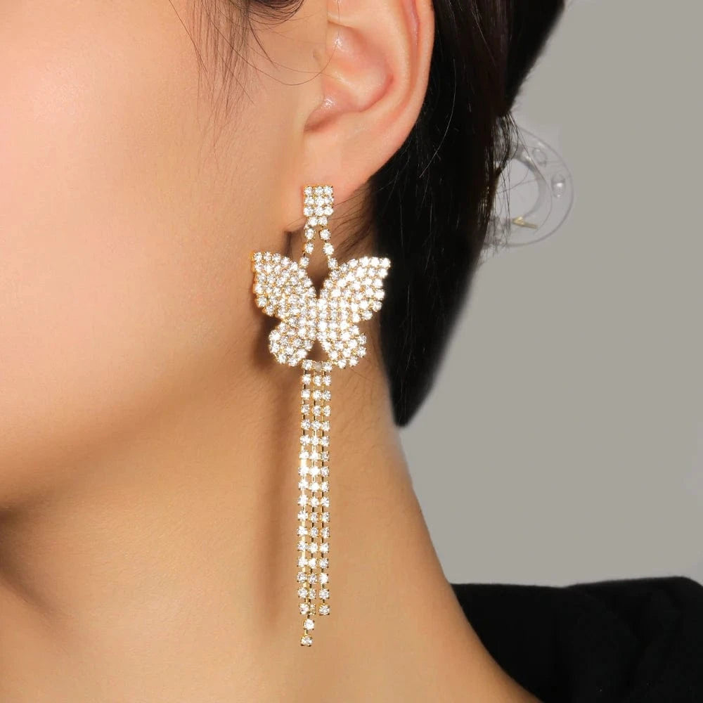 Fashion Butterfly Tassel Stud Rhinestone Earrings Earrings Jewelry For Women Wedding Bridal Bling Crystal Earrings Wholesale