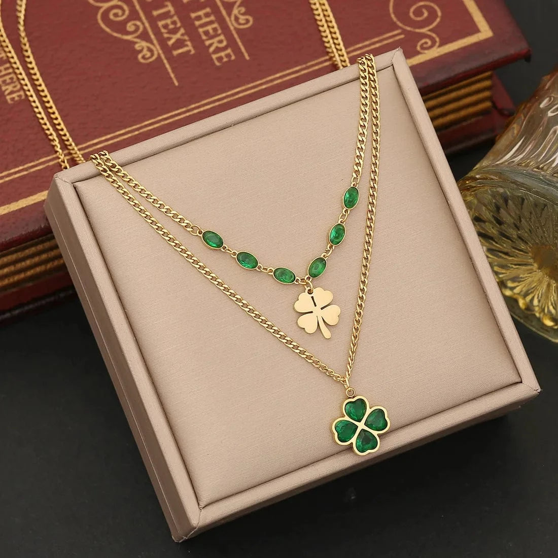 fashion / C Necklace Wholesale Women Emerald Zircon Heart Four Leaf Clover Necklace Bracelet Earrings New 18k Gold Plated Stainless Steel Jewelry Set