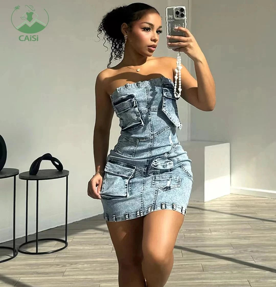 Fashion Casual Womens Denim Mini Dresses Logo Printed Sexy Sleeveless Jeans Short Dress 2024 Ladies Summer Clothes For Women