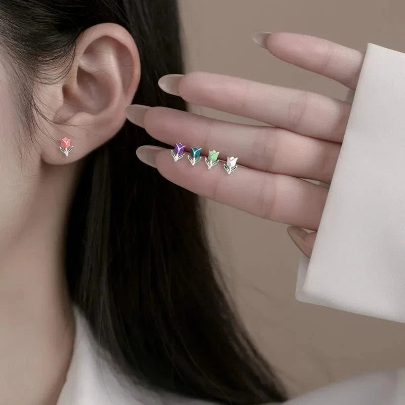 Fashion Colorful Enamel Tulips Flower Shape Screw Ball Stud Earrings Wholesale 925 Sterling Silver Girls Summer Jewelry Gifts
