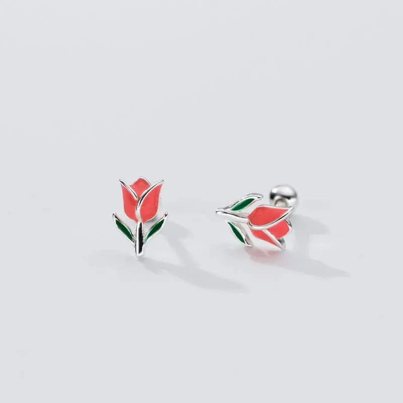 Fashion Colorful Enamel Tulips Flower Shape Screw Ball Stud Earrings Wholesale 925 Sterling Silver Girls Summer Jewelry Gifts