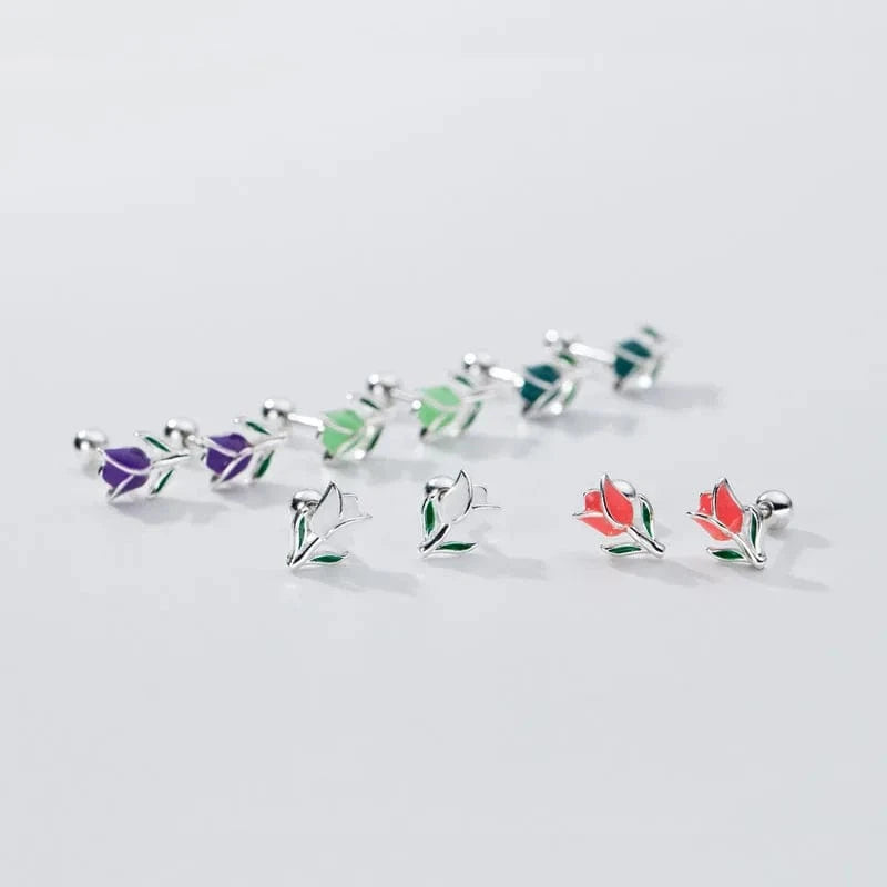 Fashion Colorful Enamel Tulips Flower Shape Screw Ball Stud Earrings Wholesale 925 Sterling Silver Girls Summer Jewelry Gifts