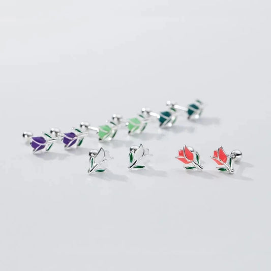 Fashion Colorful Enamel Tulips Flower Shape Screw Ball Stud Earrings Wholesale 925 Sterling Silver Girls Summer Jewelry Gifts