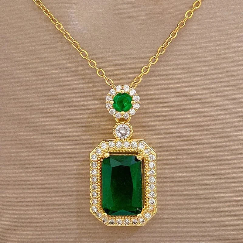 Fashion Crystal Emerald Green Necklace Earring set 18k Gold Plated Jewelry Set Pendant Earring Ring Set Jewelry Accessories