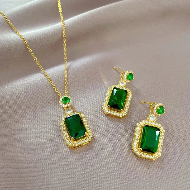 Fashion Crystal Emerald Green Necklace Earring set 18k Gold Plated Jewelry Set Pendant Earring Ring Set Jewelry Accessories