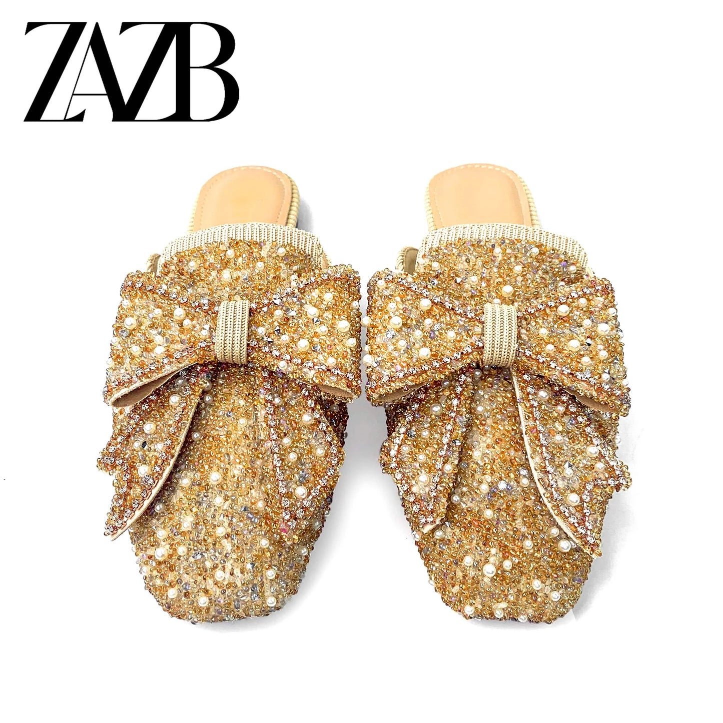 Fashion custom designer pearl diamond pointy sandals for women and ladies flat bottom luxury sandals femmes comfortable elegant