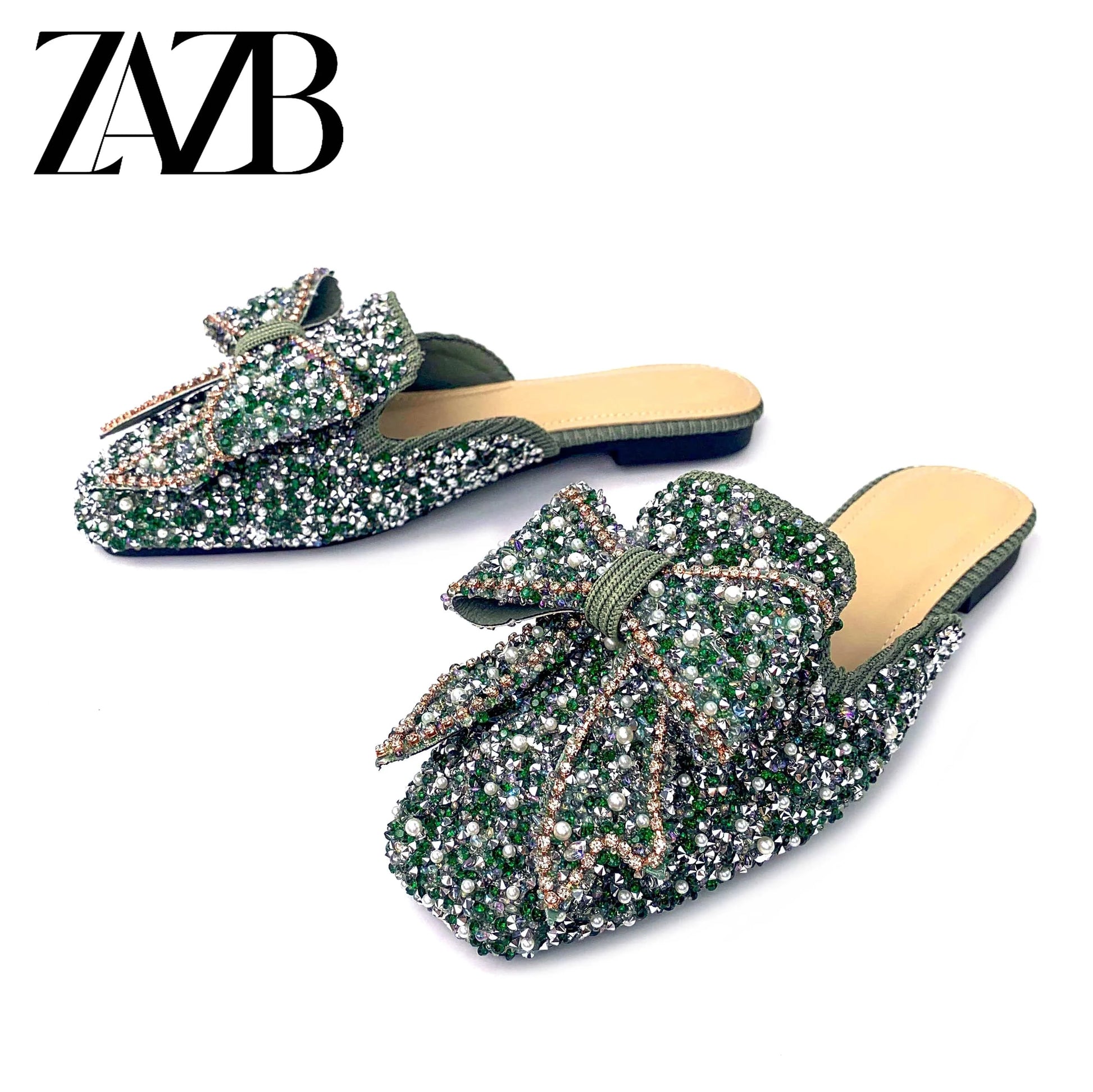 Fashion custom designer pearl diamond pointy sandals for women and ladies flat bottom luxury sandals femmes comfortable elegant