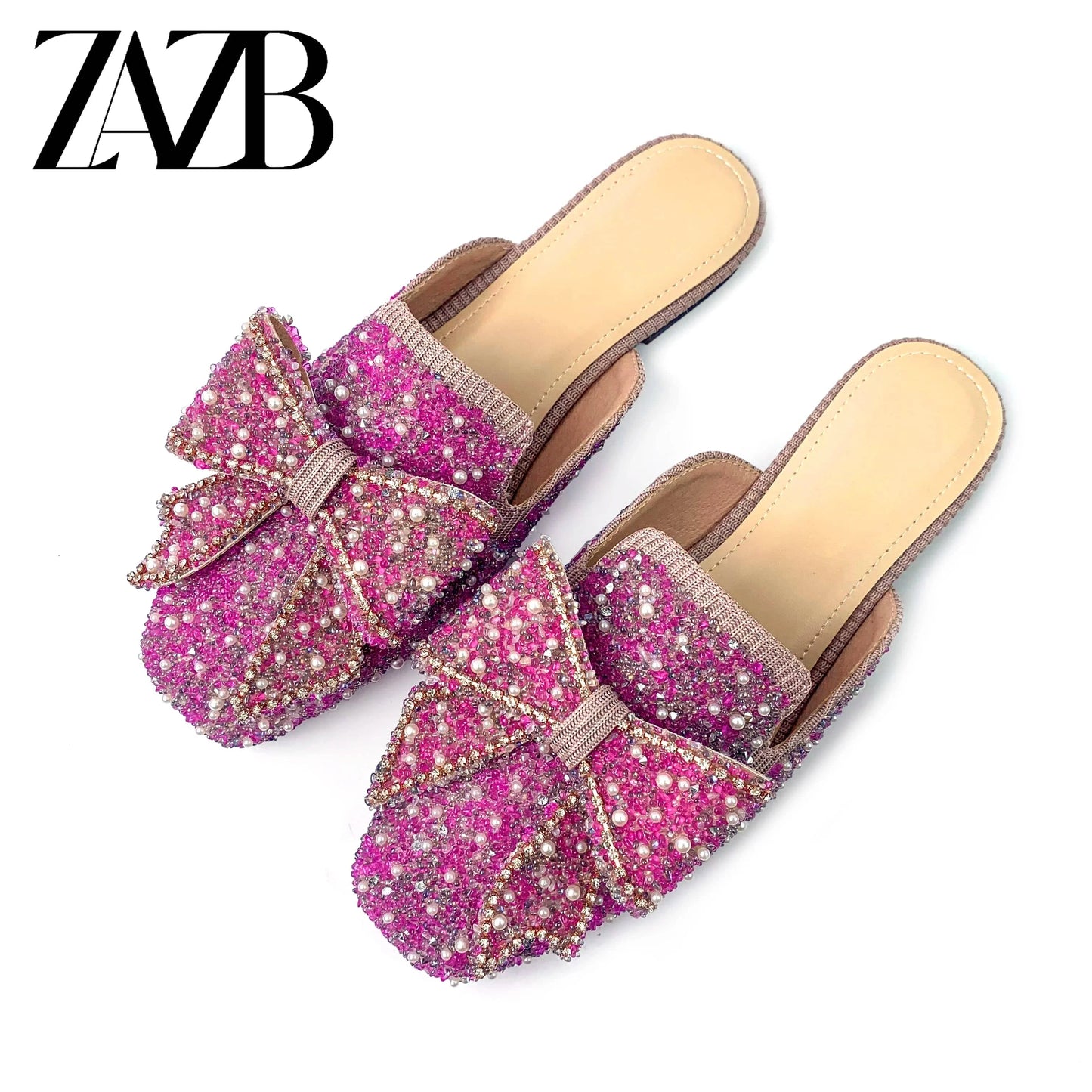 Fashion custom designer pearl diamond pointy sandals for women and ladies flat bottom luxury sandals femmes comfortable elegant