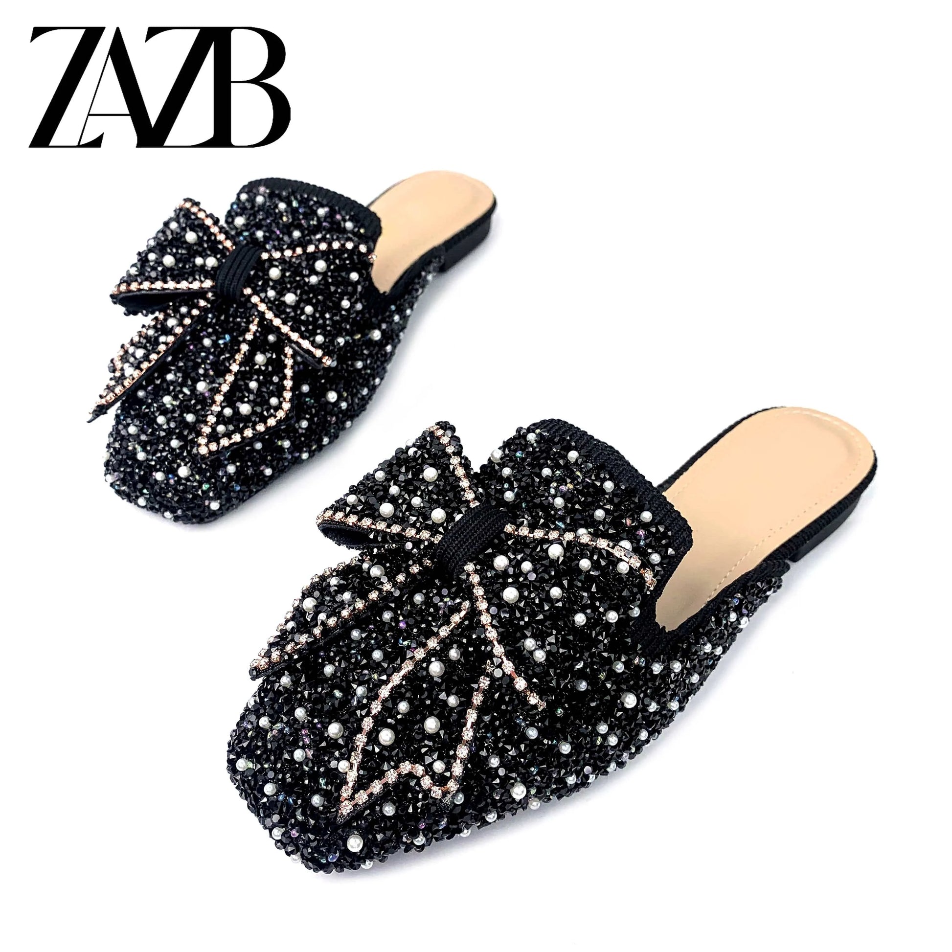 Fashion custom designer pearl diamond pointy sandals for women and ladies flat bottom luxury sandals femmes comfortable elegant