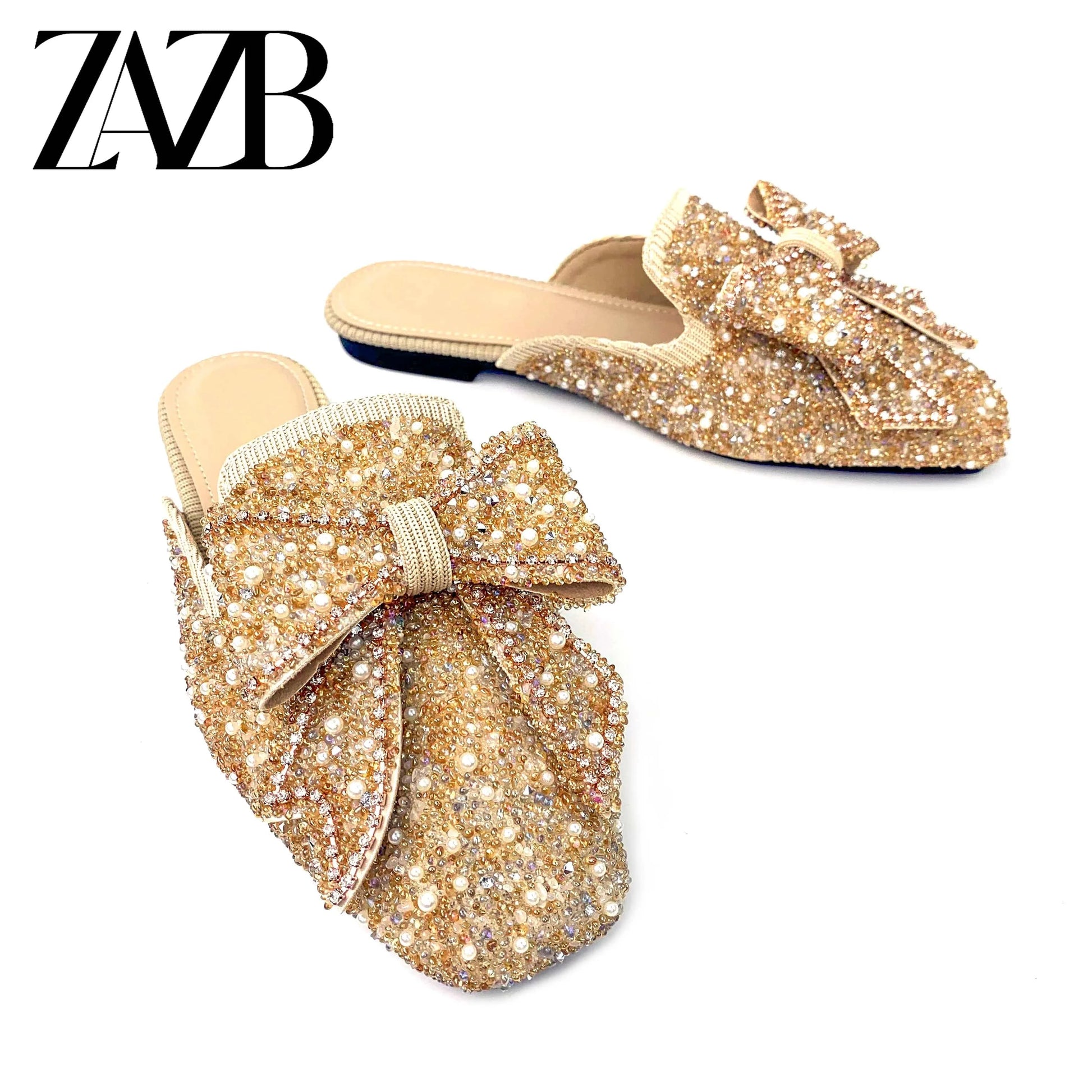 Fashion custom designer pearl diamond pointy sandals for women and ladies flat bottom luxury sandals femmes comfortable elegant