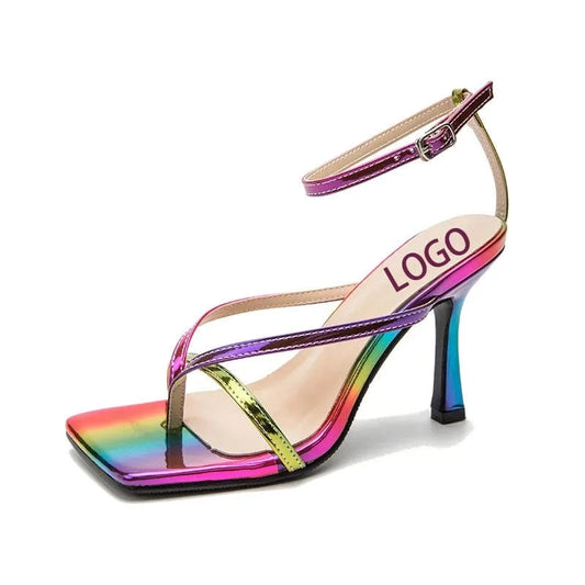 Fashion custom logo heels rainbow color 10cm high heels sandals plus size ankle heeled sandals
