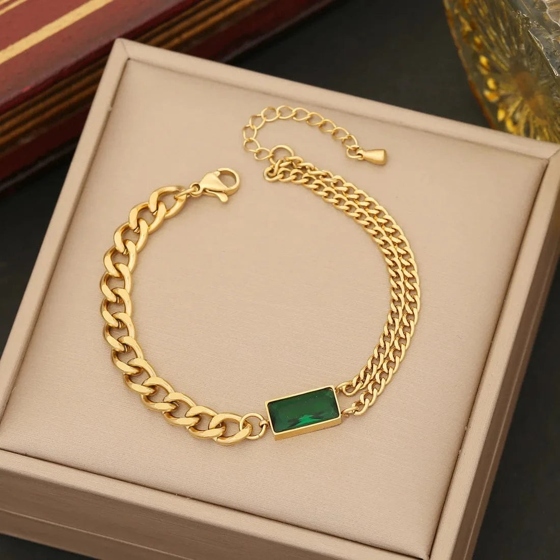 fashion / D Bracelet Wholesale Women Emerald Zircon Heart Four Leaf Clover Necklace Bracelet Earrings New 18k Gold Plated Stainless Steel Jewelry Set