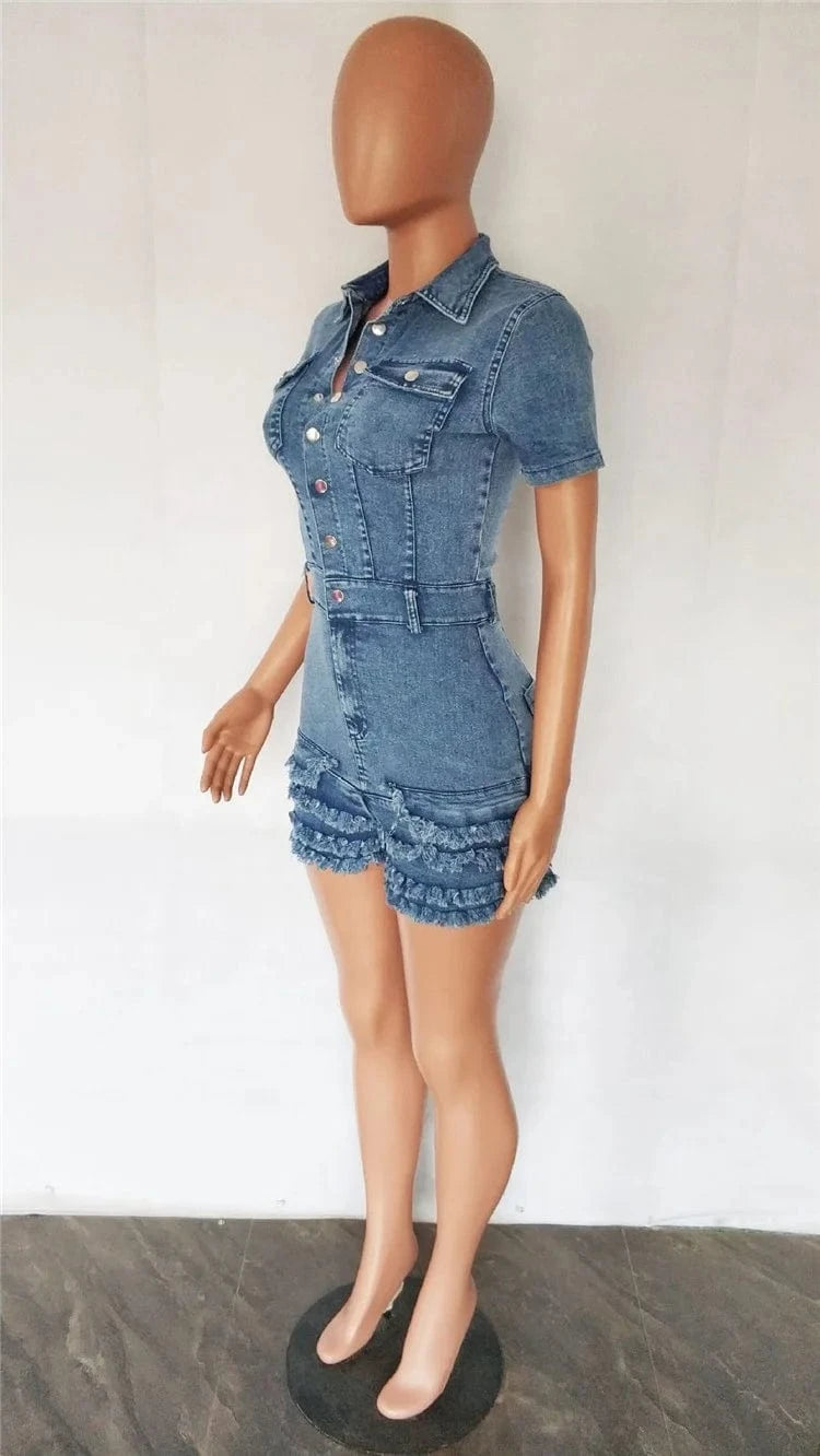 Fashion Denim Fur Tassels Shorts Rompers Women Turndown Collar Short Sleeve Slim Jumpsuits Casual Solid Button Overalls