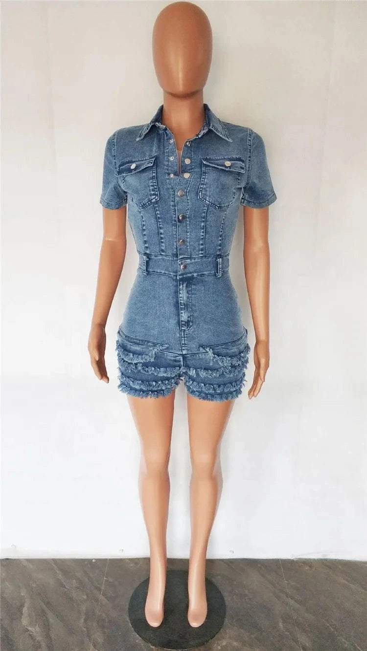 Fashion Denim Fur Tassels Shorts Rompers Women Turndown Collar Short Sleeve Slim Jumpsuits Casual Solid Button Overalls