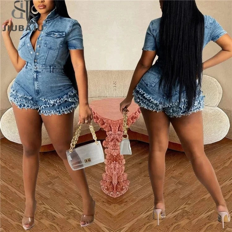 Fashion Denim Fur Tassels Shorts Rompers Women Turndown Collar Short Sleeve Slim Jumpsuits Casual Solid Button Overalls