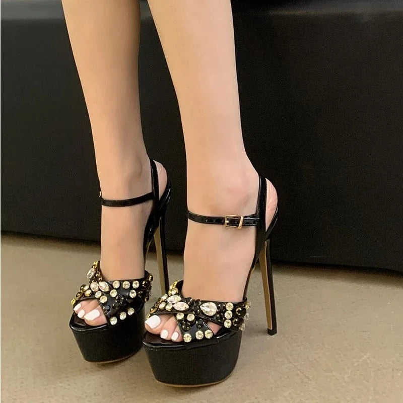 Fashion Design Metal Rivet Back Buckle Strap Platform Sandals Women Wedding Banquet Shoe Sexy Peep Toe Stripper High Heels 2024