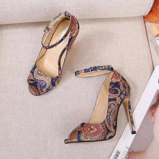 Fashion Design Sexy Big Size High Heels Ladies 11 CM Stilettos Ankle Strap Peep-toe Pumps Shoes Women