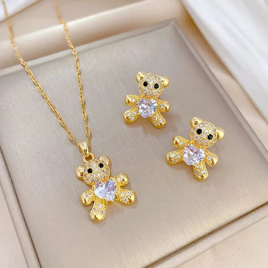 Fashion Diamond 18k Plated Bear Zircon Fashion Jewelry Set Wedding Party Jewelry Sets for Women