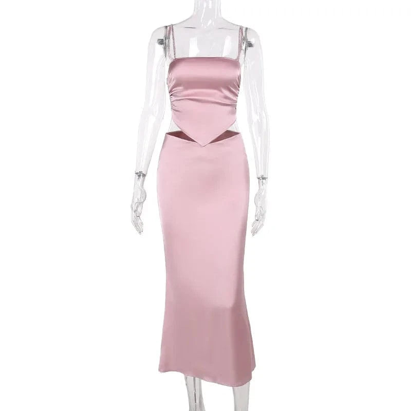 Fashion Diamond Strip Shoulder Strap Satin Suspender Long Skirt Suit Women's 2024 Spring Two-piece Set