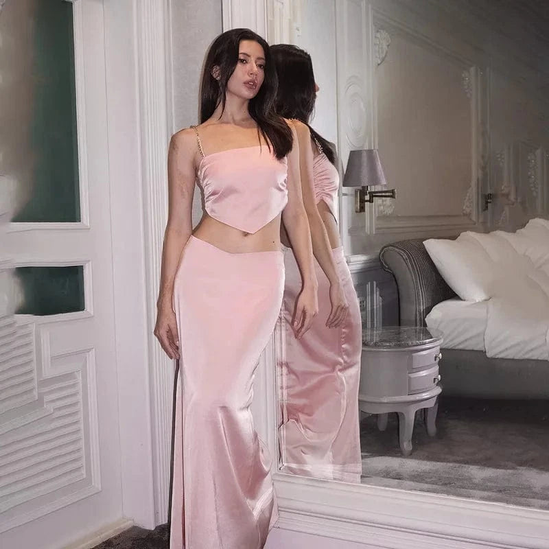 Fashion Diamond Strip Shoulder Strap Satin Suspender Long Skirt Suit Women's 2024 Spring Two-piece Set