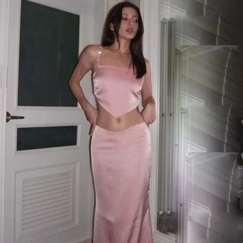 Fashion Diamond Strip Shoulder Strap Satin Suspender Long Skirt Suit Women's 2024 Spring Two-piece Set