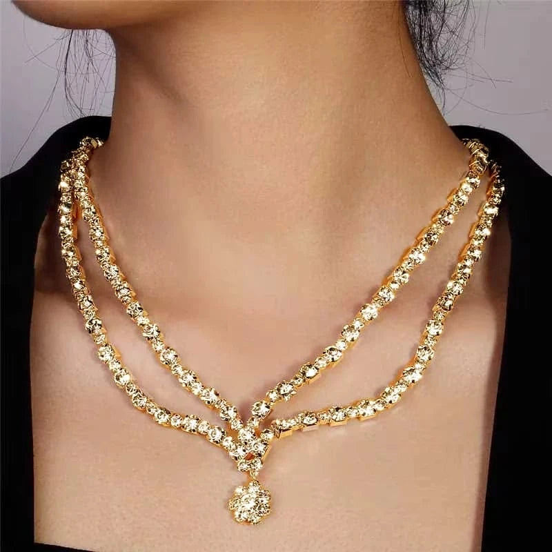 Fashion Double Layer Flower Rhinestone Necklace Jewelry For Women Girls Bridal Wedding Drop Necklace Accessories Wholesale