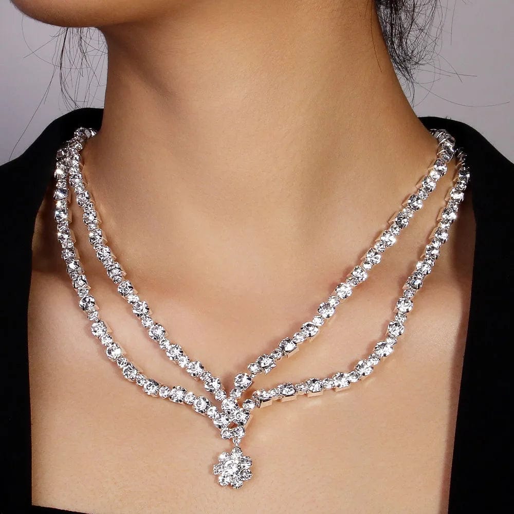Fashion Double Layer Flower Rhinestone Necklace Jewelry For Women Girls Bridal Wedding Drop Necklace Accessories Wholesale