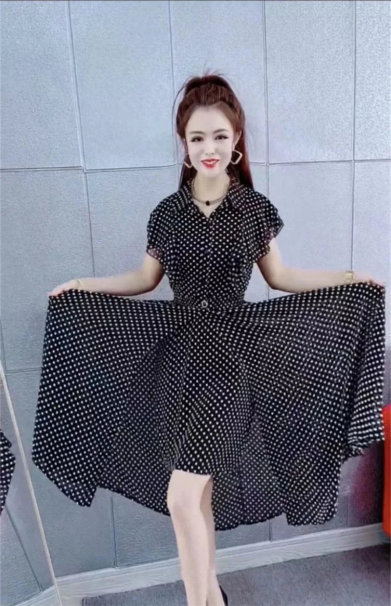 Fashion Dress Set Women's 2024 Summer New Polka Dot Style Sweet and Slim Ruffle Dress+Apron Two Piece Set Black V-Neck Dress Lad