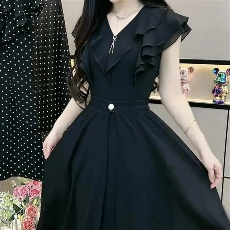 Fashion Dress Set Women's 2024 Summer New Polka Dot Style Sweet and Slim Ruffle Dress+Apron Two Piece Set Black V-Neck Dress Lad